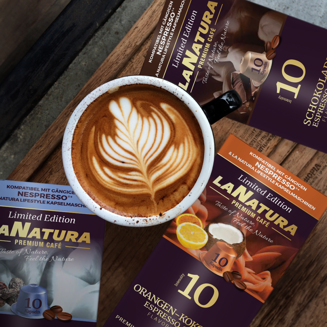 La Natura Lifestyle AROMA BOX, 80 Kaffeekapseln kompatibel mit Nespresso®*³-Kapselmaschinen, 8 einzigartige GESCHMACKSRICHTUNGEN, Karamell, Schokolade, Pistazie, Kokosnuss, Rum, Trüffel, Kürbis, Erdnuss