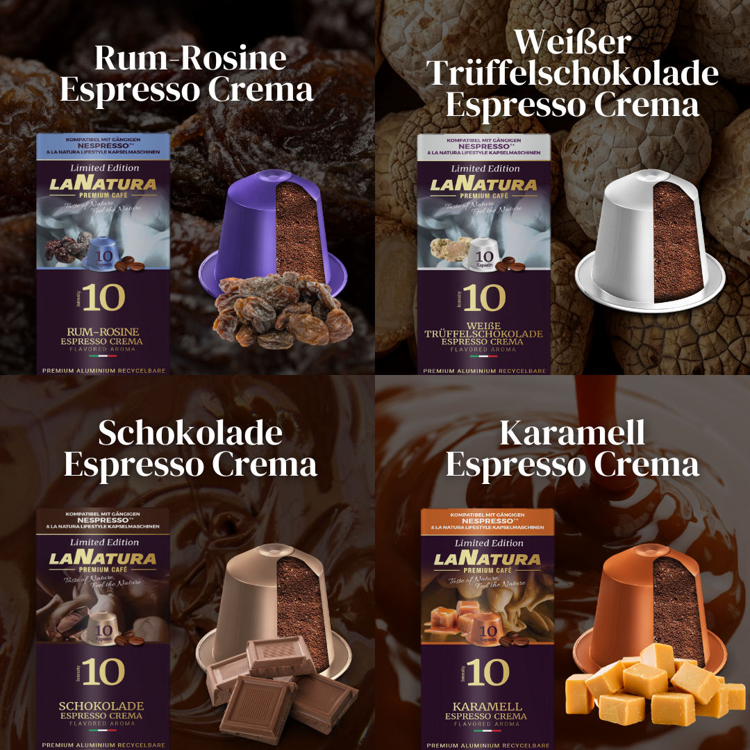 La Natura Lifestyle AROMA BOX, 80 Kaffeekapseln kompatibel mit Nespresso®*³-Kapselmaschinen, 8 einzigartige GESCHMACKSRICHTUNGEN, Karamell, Schokolade, Pistazie, Kokosnuss, Rum, Trüffel, Kürbis, Erdnuss