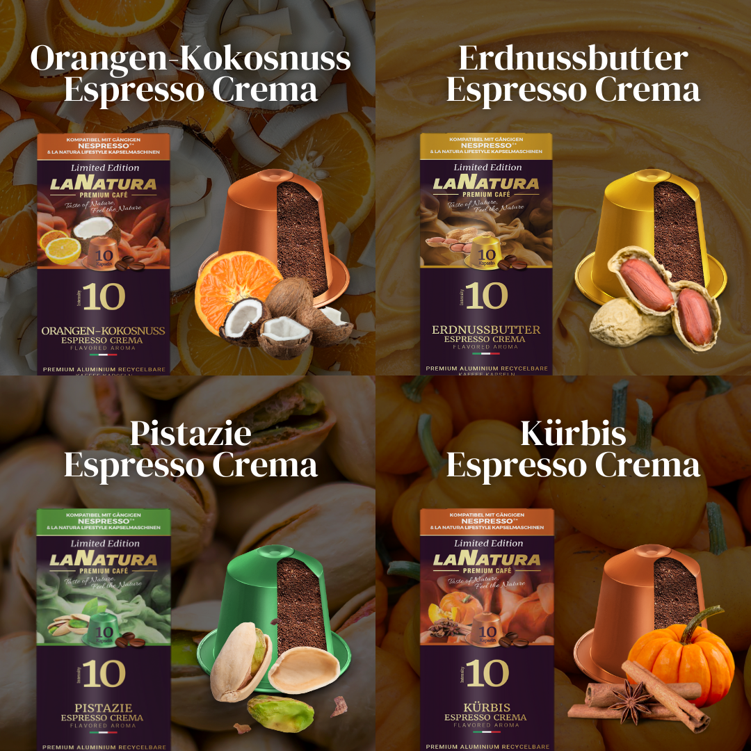 La Natura Lifestyle AROMA BOX, 80 Kaffeekapseln kompatibel mit Nespresso®*³-Kapselmaschinen, 8 einzigartige GESCHMACKSRICHTUNGEN, Karamell, Schokolade, Pistazie, Kokosnuss, Rum, Trüffel, Kürbis, Erdnuss