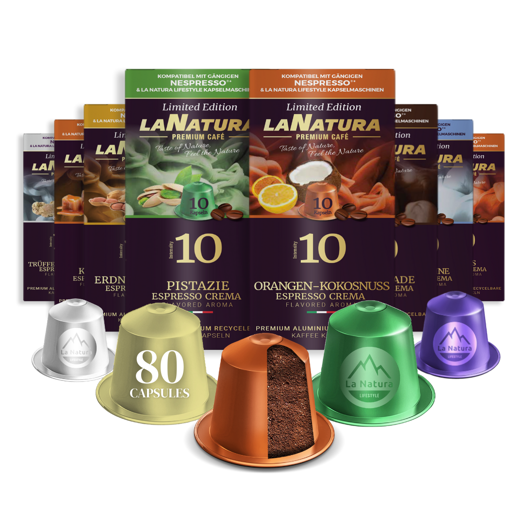 La Natura Lifestyle AROMA BOX, 80 Kaffeekapseln kompatibel mit Nespresso®*³-Kapselmaschinen, 8 einzigartige GESCHMACKSRICHTUNGEN, Karamell, Schokolade, Pistazie, Kokosnuss, Rum, Trüffel, Kürbis, Erdnuss