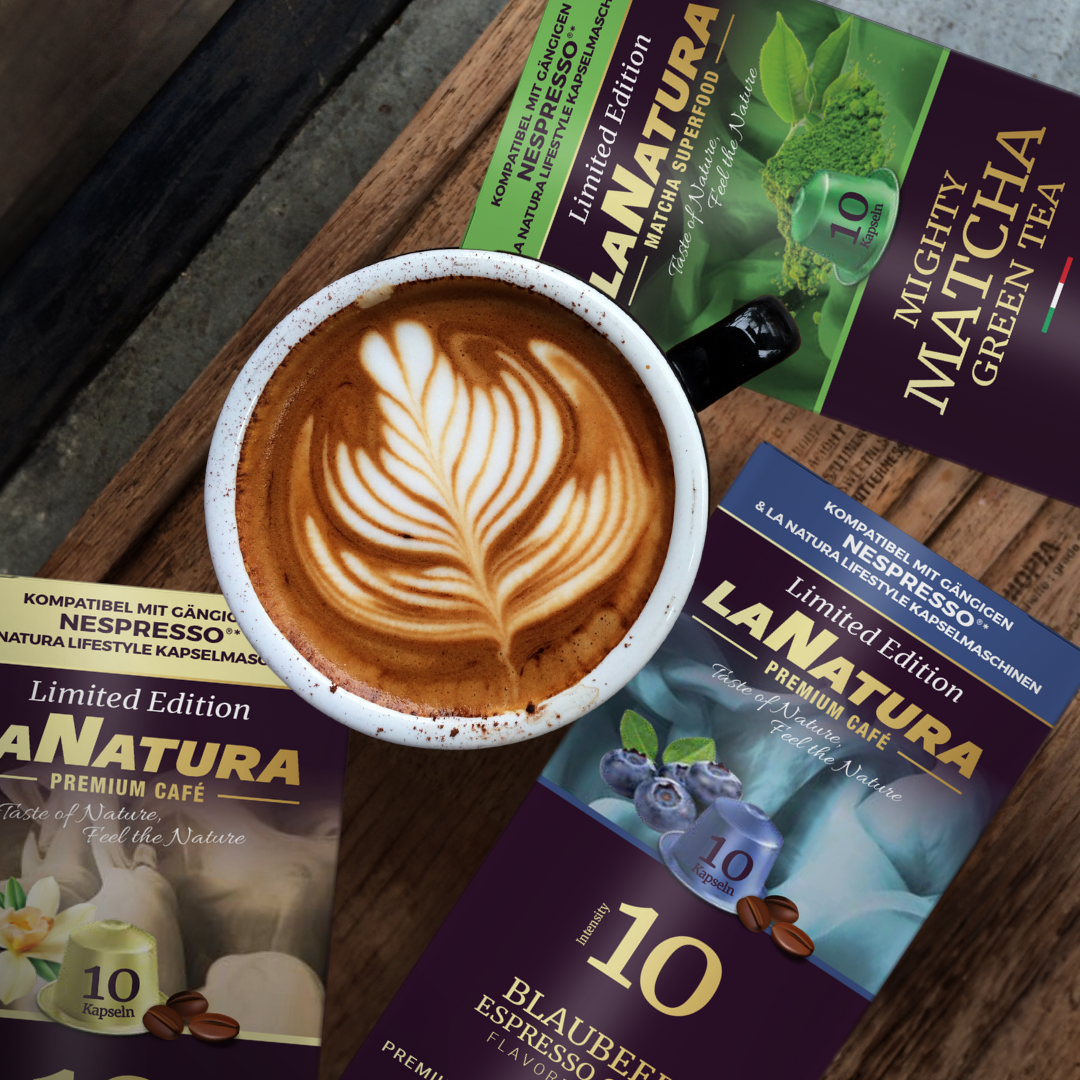 La Natura Lifestyle GESCHMACKSBOX, 80 Kaffee- und Teekapseln kompatibel mit Nespresso³ Kaffeemaschinen, Blaubeere, Karamell-Honig, Irish Coffe, Marshmallow, Haselnuss, Vanille, Kokosnuss, Matcha Tee