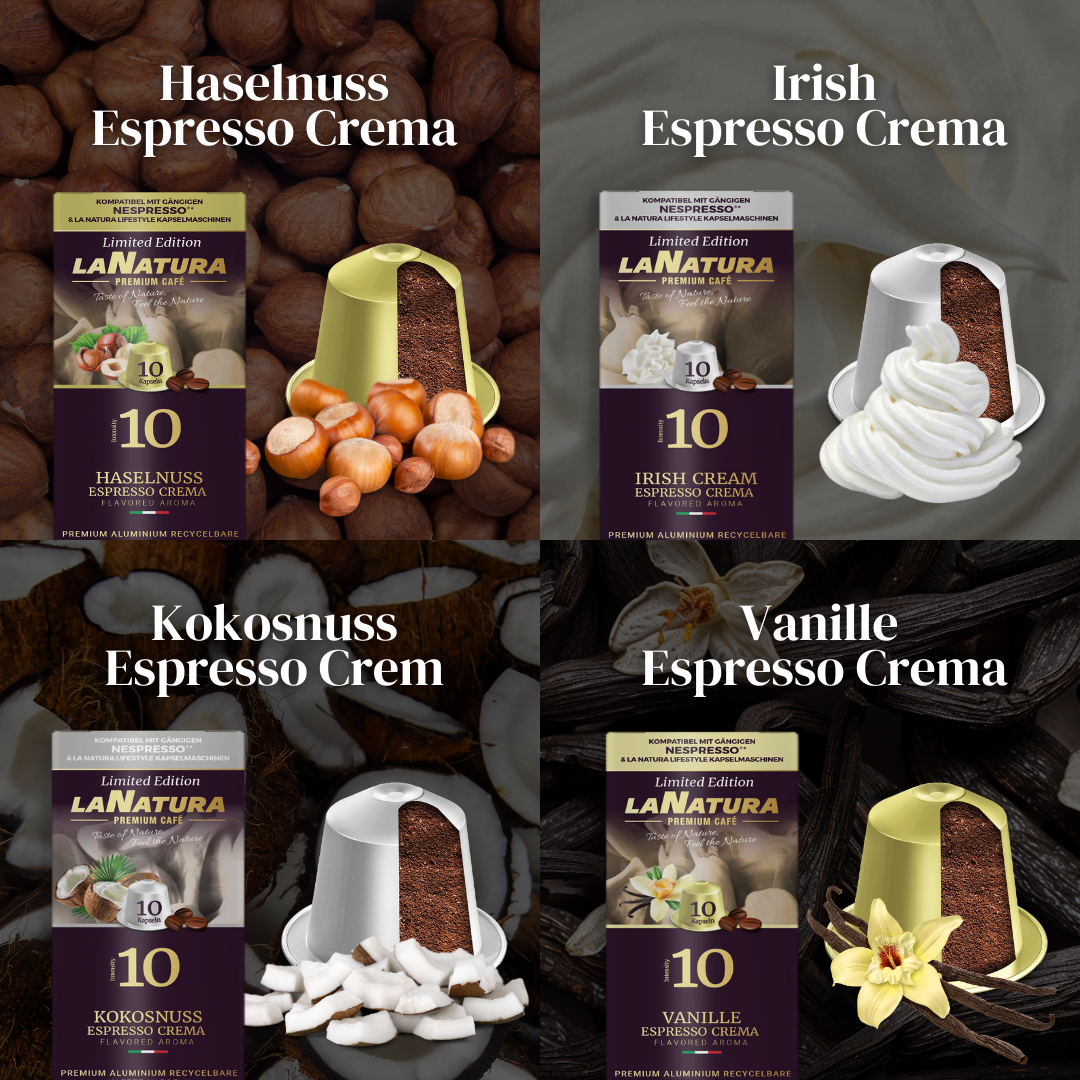 La Natura Lifestyle GESCHMACKSBOX, 80 Kaffee- und Teekapseln kompatibel mit Nespresso³ Kaffeemaschinen, Blaubeere, Karamell-Honig, Irish Coffe, Marshmallow, Haselnuss, Vanille, Kokosnuss, Matcha Tee