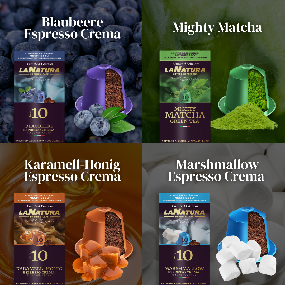 La Natura Lifestyle GESCHMACKSBOX, 80 Kaffee- und Teekapseln kompatibel mit Nespresso³ Kaffeemaschinen, Blaubeere, Karamell-Honig, Irish Coffe, Marshmallow, Haselnuss, Vanille, Kokosnuss, Matcha Tee