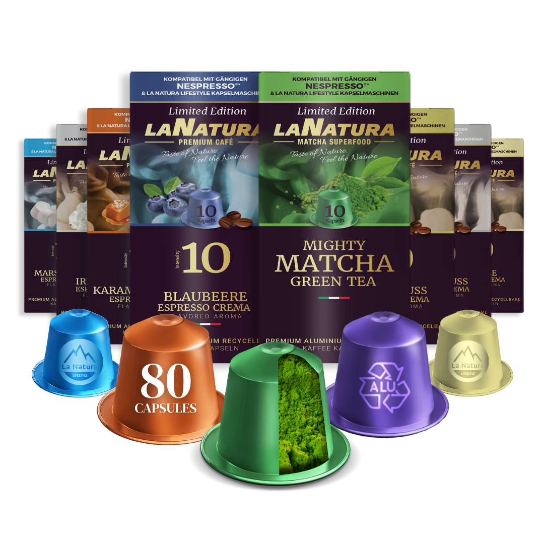 La Natura Lifestyle GESCHMACKSBOX, 80 Kaffee- und Teekapseln kompatibel mit Nespresso³ Kaffeemaschinen, Blaubeere, Karamell-Honig, Irish Coffe, Marshmallow, Haselnuss, Vanille, Kokosnuss, Matcha Tee