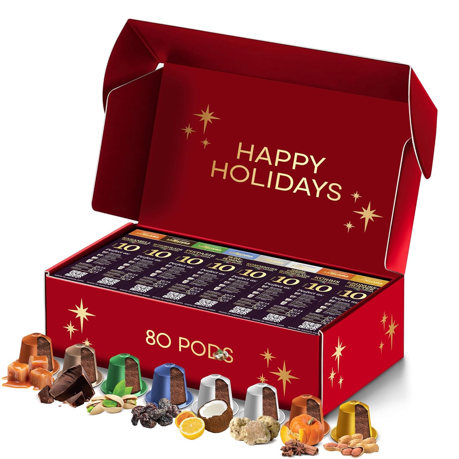 La Natura Lifestyle AROMA BOX, 80 Kaffeekapseln kompatibel mit Nespresso®*³-Kapselmaschinen, 8 einzigartige GESCHMACKSRICHTUNGEN, Karamell, Schokolade, Pistazie, Kokosnuss, Rum, Trüffel, Kürbis, Erdnuss