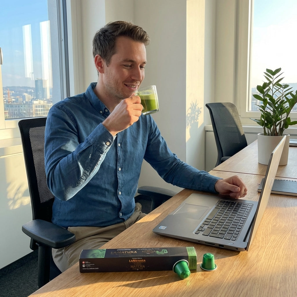 Ein Mann trinkt im Büro Matcha den er mit den Matcha Kapseln von La Natura zubereitet hat.