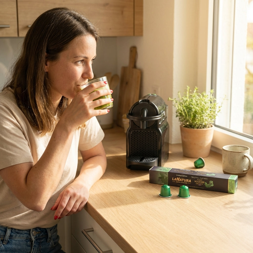Eine Frau geniesst ihren Matcha, den Sie mit den Matcha Kapsel in ihrer Nespresso Maschine zubereitet hat.