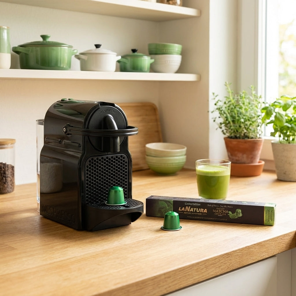 Die La Natura Matcha Kapseln für Nespresso kompatible Maschinen.