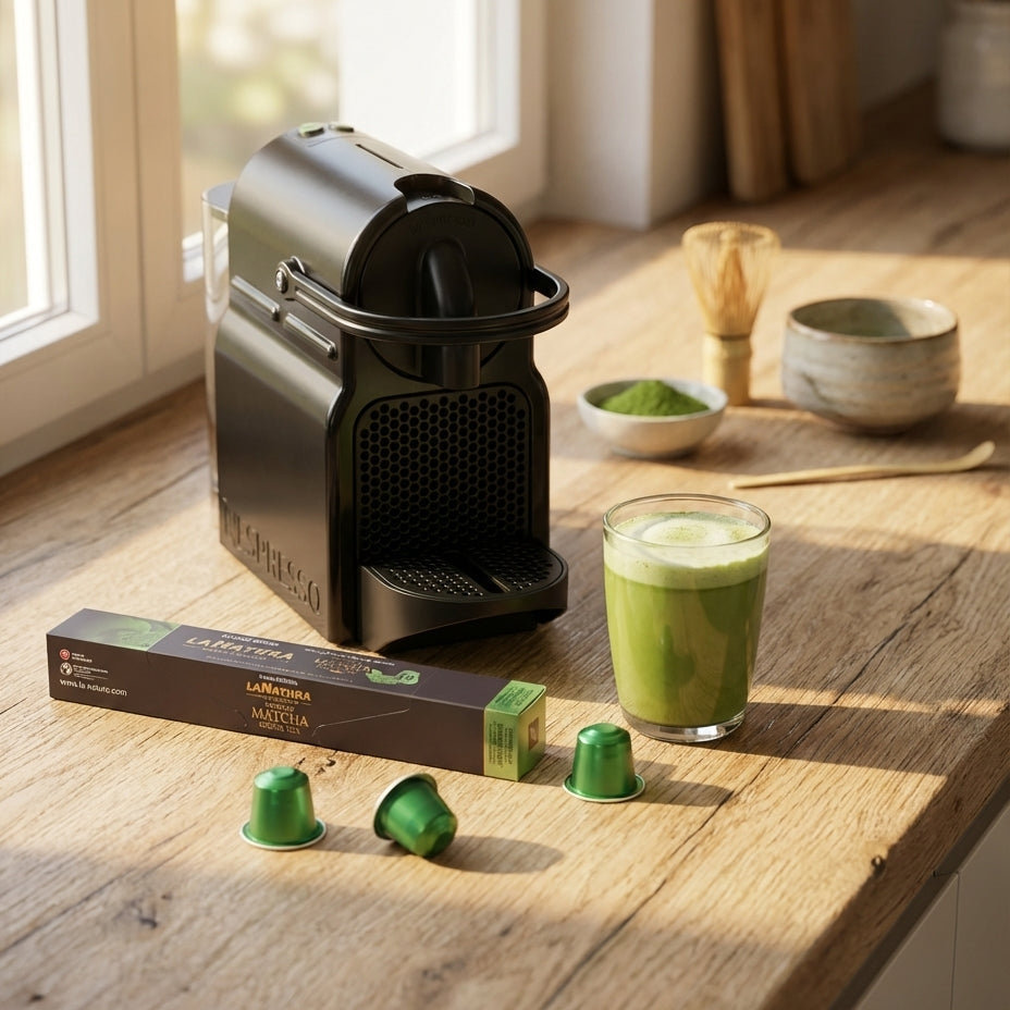 Matcha Kapseln für die Nespresso Maschine in der Küche